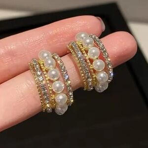 Anthropologie Gold Crystal Pearl Hoop Earrings